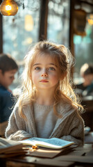 Cute girl with blonde hair, sitting at a classroom desk above an open notebook. The background is softly blurred, featuring other children at desks, copy space, 9:16