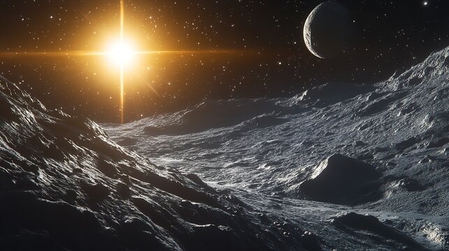 Moon surface landscape with stars and crescent moon space exploration outer space galaxy astronomy view 4k silhouette
