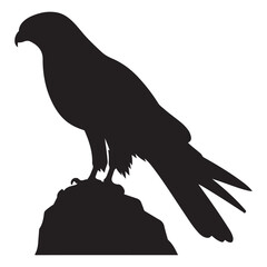 Black Silhouette of a Hawk or Falcon Perched on Rocky Cliff – Fierce Bird of Prey Illustration Ideal for Logos, Emblems, and Wildlife Designs