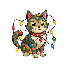 Cute playful cat tangled in colorful string lights on white background, funny holiday decoration, adorable pet illustration, festive Christmas, whimsical tangled kitten vector art