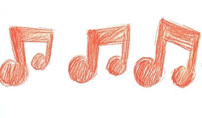 Four simple, child-like coral-colored musical notes on white background