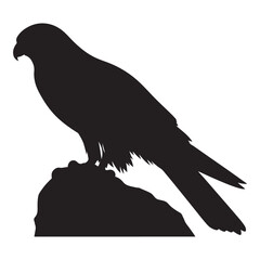 Black Silhouette of a Hawk or Falcon Perched on Rocky Cliff – Fierce Bird of Prey Illustration Ideal for Logos, Emblems, and Wildlife Designs