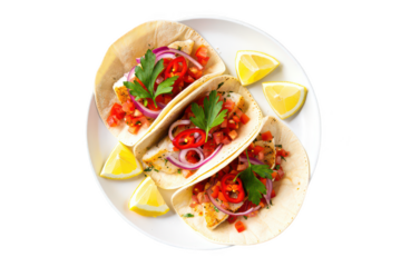 Three fish tacos with pico de gallo red onion and lemon wedges food cuisine