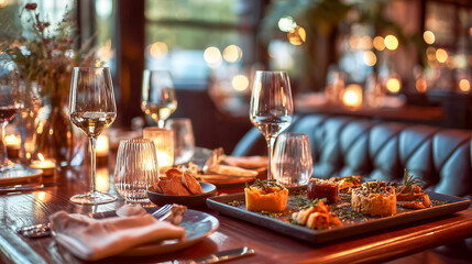 Elegant Restaurant Setting with Exquisite Appetizers and Wine Glasses a Fine Dining Experience with Warm Lighting