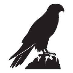 Black Silhouette of a Hawk or Falcon Perched on Rocky Cliff – Fierce Bird of Prey Illustration Ideal for Logos, Emblems, and Wildlife Designs