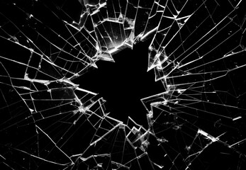 Cracked Pieces Broken Glass Hole on Black Background