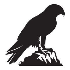 Black Silhouette of a Hawk or Falcon Perched on Rocky Cliff – Fierce Bird of Prey Illustration Ideal for Logos, Emblems, and Wildlife Designs