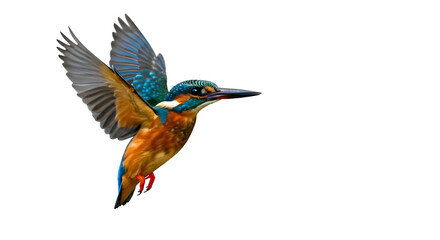 Obraz premium A shimmering kingfisher diving mid-air, white background