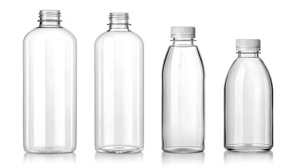 A collection of clear, empty plastic bottles of varying shapes and sizes stands against a white background, ideal for showcasing beverage or liquid product packaging and promoting health and fitness