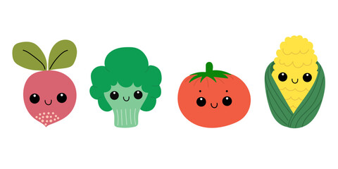 Cute vegetables set with smiling faces on white background.