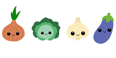 Set of smiling vegetables in kawaii style.