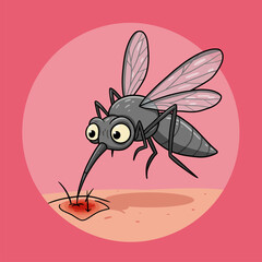 Cartoon mosquito is biting human skin with blood, representing disease transmission and health concerns.