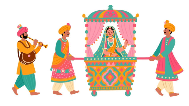 Festive Indian wedding illustration showing a bride carried in a palanquin with musicians and vibrant traditional colors.