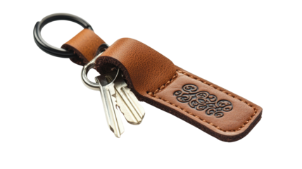 Keychain with luxury brand logo embossed on leather, background isolated on a Transparent background, PNG file.