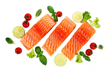 Three raw salmon fillets with cherry tomatoes lime and basil fish seafood