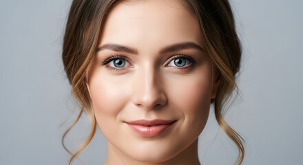 Naklejka premium Close-Up Portrait of a Smiling Woman with Blue Eyes and Natural Makeup on Neutral Background