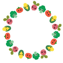 Cute vegetable wreath with smiling faces in kawaii style.