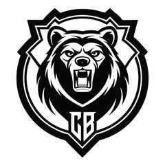 Monochrome grizzly bear monogram logo design silhouette isolated on white background