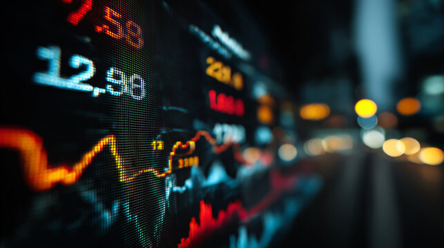 Close-up of a Financial Data Screen: A computer monitor showing fluctuating numbers and graphs of stock market or scientific data.
