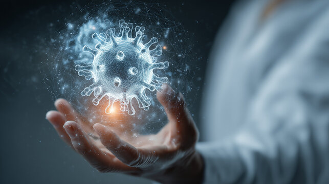 Advanced Medical Diagnostics: A doctor in a lab coat analyzing a detailed, glowing 3D hologram of a complex biological structure.
