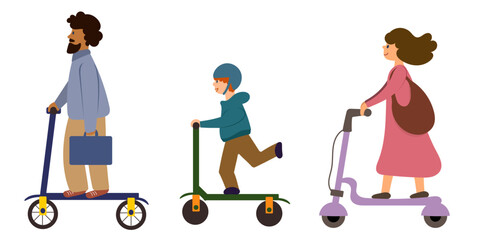 Family riding on scooters. People using scooters.