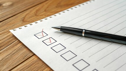 Checklist with pen on wood background for tasks