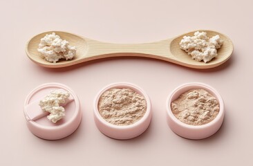 Two wooden spoons holding chunks of a light substance, and three small pink containers with similar, powdered substance