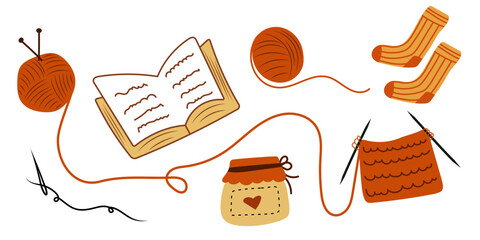 Cozy knitting set on white background. Cute hand made elements. Trendy diy.