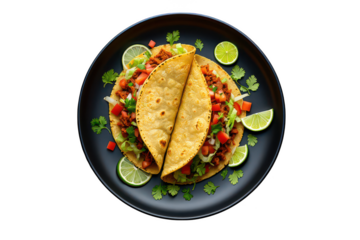 Two corn tortillas filled with seasoned ground meat lettuce tomato and onion taco food