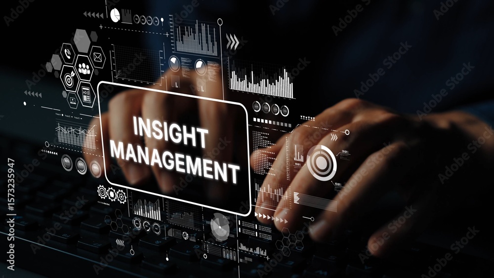 Poster hands typing on keyboard with data visualization overlays representing insight management concept in