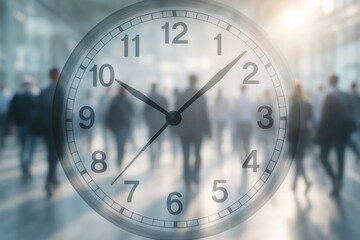 Time's Passage: A translucent clock face overlays a blurred scene of bustling people, illustrating the concept of time's relentless flow and its impact on human activity.