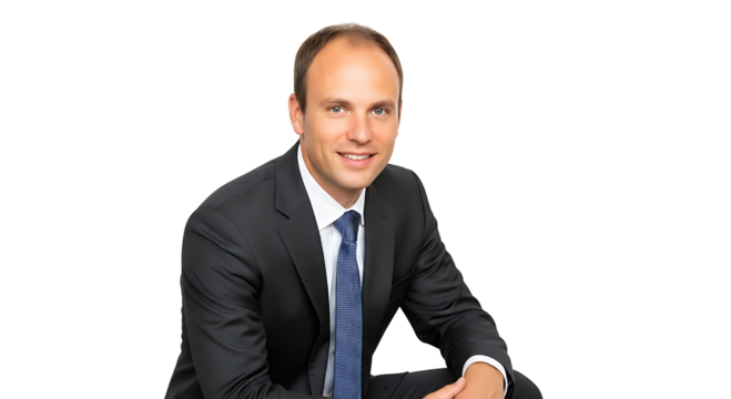 Confident Business Professional in a Black Suit with a Blue Tie Sitting Against White Background - Powered by Adobe
