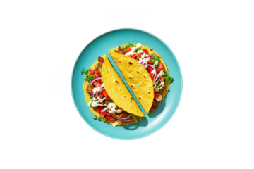 Two fully loaded corn tacos with white sauce and red onion on blue plate food tortilla