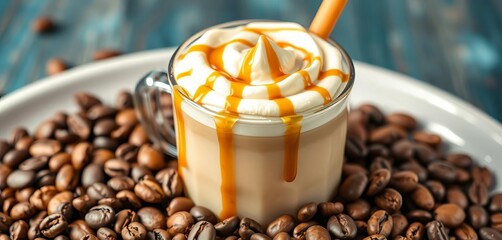 Creamy coffee drink nestled in coffee beans, drizzled with caramel,  overhead,  tasty