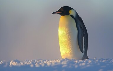 Obraz premium Emperor penguin bathed in golden sunrise light on snowy Antarctic ice