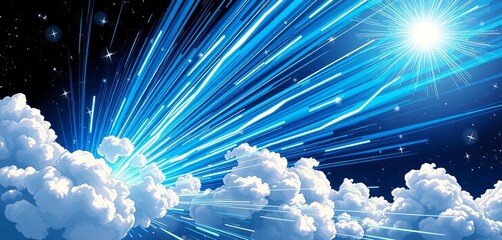 Dynamic blue energy streaks, shooting stars, fluffy clouds; vibrant comic style,  explosion,  texture