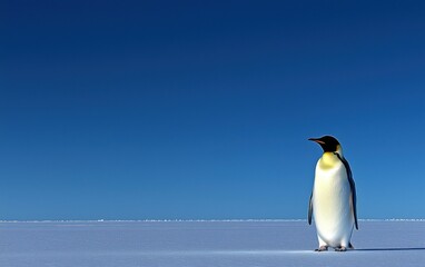 Naklejka premium Emperor penguin on a pristine white ice field against a vibrant blue sky