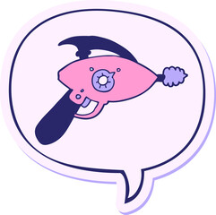 cartoon ray gun with speech bubble sticker in bright neon color