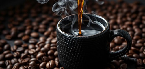 Rich dark coffee pours into a textured black mug, surrounded by aromatic beans; steam rises,  beverage,  beans