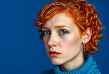 Serious ginger subject, blue backdrop, indoor portrait,  expressionless face,  serious
