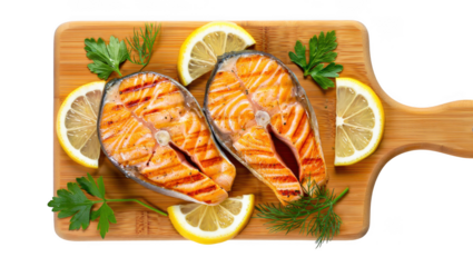 Two grilled salmon steaks with lemon slices and herbs on a wooden board fish seafood