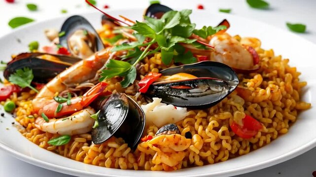 Delicious seafood paella dish with shrimp, mussels and rice, garnished with herbs.