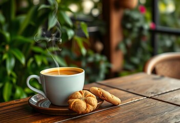 Steam rising from cappuccino beside cookies on rustic wooden cafe table, lush greenery blurred background, garden, cafe