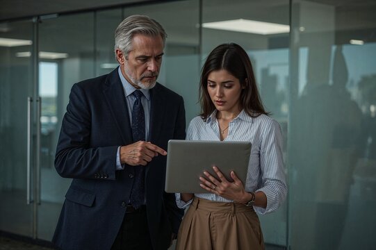 Senior businessman pointing at a laptop screen while discussing with a young professional woman