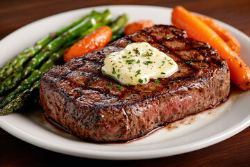 Grilled steak with garlic butter and roasted vegetables