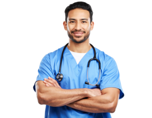 A doctor in a surgical gown standing with arms crossed on a transparent background 