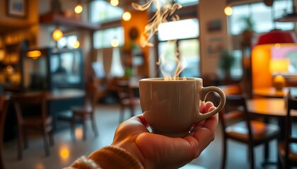 Warm light illuminates a hand gently cradling a steaming coffee cup in a cozy cafe,  top view,  comfort