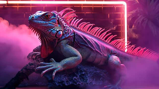 Fantasy iguana: electric scale, digital glow, vibrant reptile, surreal lizard, colorful tropic, ambient creature, mystical fauna, jungle sparkle, hyperreal animal, trippy forest, sci-fi style
