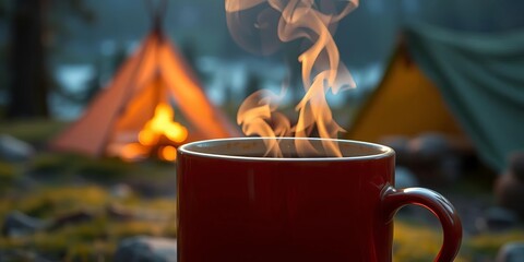Close-up steaming coffee mug, crisp morning air, camping scene,  mist,  landscape