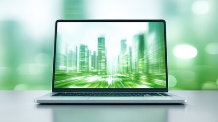 Modern Laptop Cityscape | Technology, Business, Design